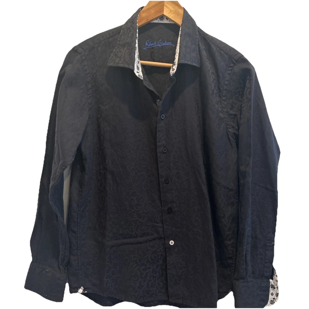 Robert Graham Button Down Shirt Boys L 14 16 Jaquard Black Flip Cuff Long Sleeve